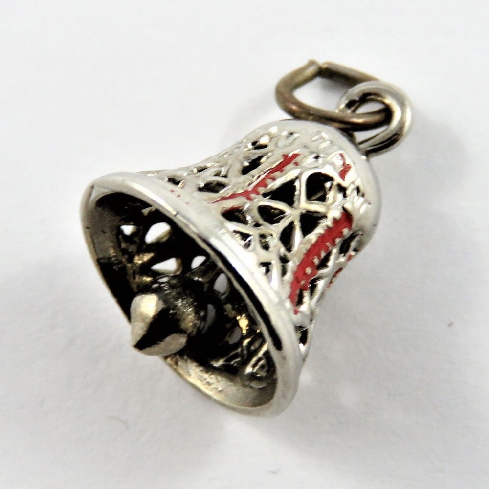 Vintage Enamel Mechanical Bell That Rings Sterling Silver Pendant or Charm